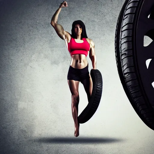 Prompt: car, bodybuilder, woman, holding, photo, digital art, hands, underbody, throw, tire, standing, floor