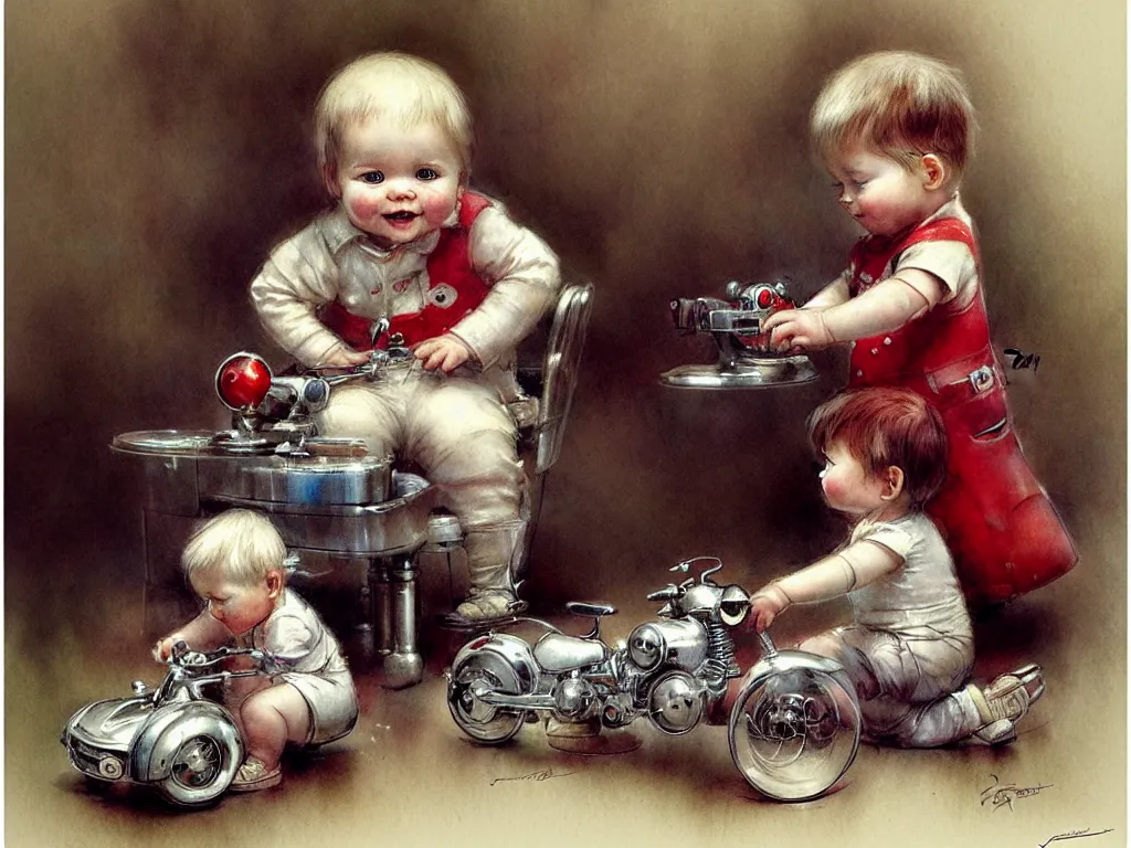 Prompt: toddler ( ( ( ( ( 2 0 2 2 retro future living room. muted colors. toys laying around ) ) ) ) ) by jean baptiste monge, chrome red, chrome silver