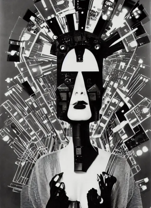 Image similar to Portrait of a punk goth fashion fractal mecha girl with a television head wearing kimono made of circuits and leds, surreal photography by Man Ray