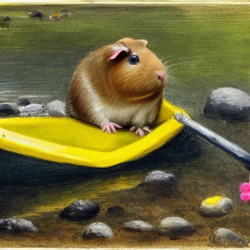 Prompt: a guinea pig paddling a yellow kayak on a small stream, in the style of fanny brate