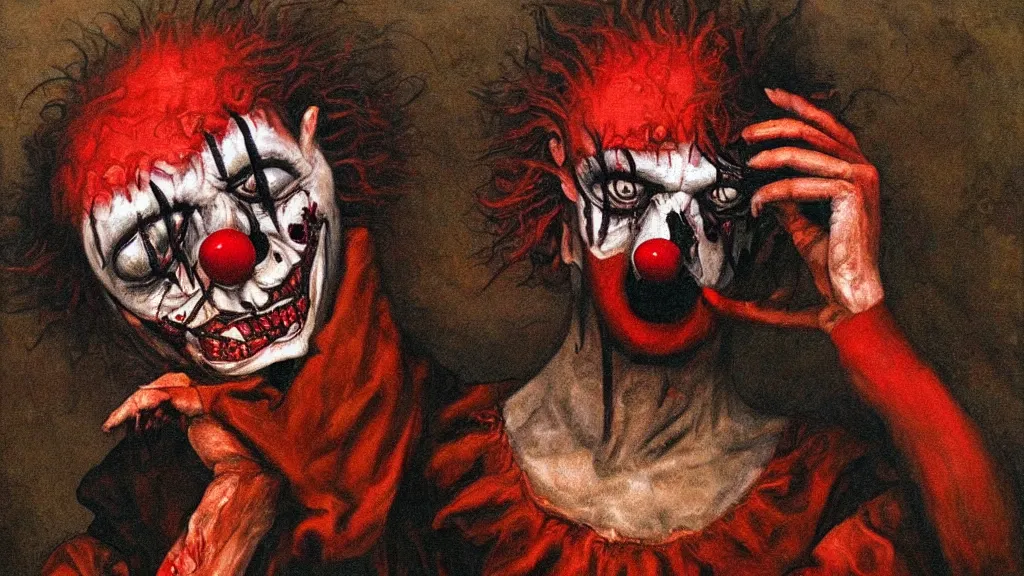 Image similar to nightmare clown drowning in his sorrows and depression, surrealist horror painting with soft, gothic red black and brown colors. soft paint strokes evoking profound sadness, killer clown spiraling into hopelessness. renaissance oil painting, incredibly detailed.