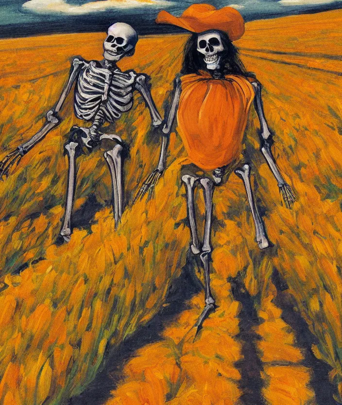 Image similar to a closeup portrait of a skeleton in an orange prisoner overall, standing in beautiful sunflower field, screaming and sad, highly detailed, aesthetic clouds in the sky, in the style of edward hopper, very fine brush strokes, 4 k,