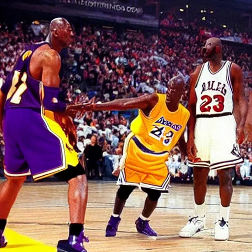 Image similar to Michael Jordan doing a 1v1 with kobe bryant ,8k,