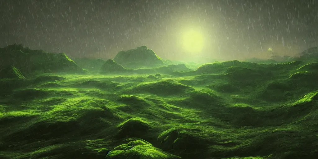 Image similar to digital art, trending on artstation, planet venus landscape, heavy green rain, nice lighting, perfect readability