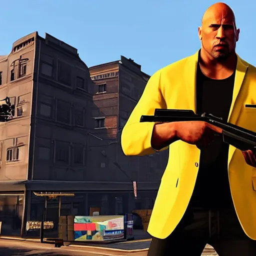 Prompt: Grand Theft Auto 5 gameplay of Dwayne Johnson holding a auto shotgun