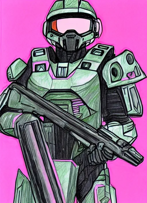 Image similar to master chief drawn with markers on a pink background