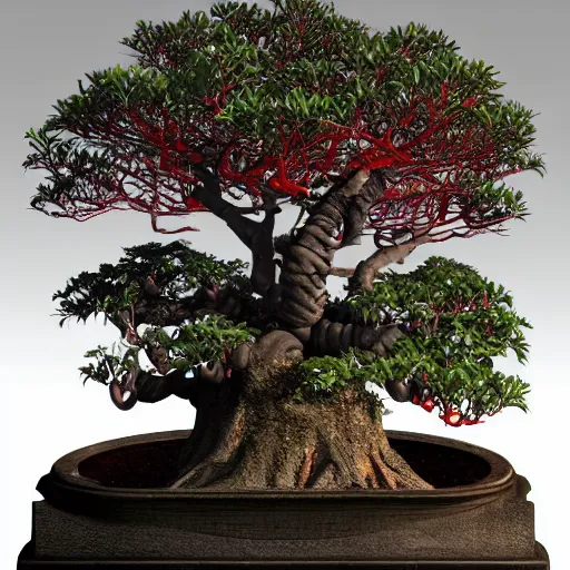 Image similar to incredibly detailed 100 year old Morton Bay fig bonsai planted in, Upside-down ancient intricate red samurai helmet, volcanic rocks, photorealistic, vulumetric lighting, exquisite detail, vray 4k highly detailed, no dof