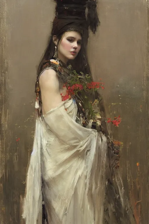 Image similar to Richard Schmid and Jeremy Lipking full length portrait painting of a young beautiful woman priestess in elaborate costume