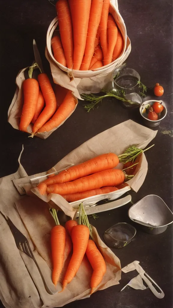 Image similar to 1 9 7 0 s food photography of carrot and cherries in the shape of a man