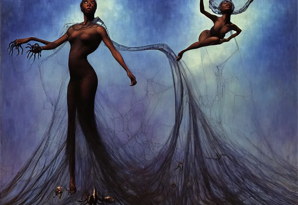 Image similar to realistic detailed portrait movie shot of a single beautiful black woman in a transparent sheer fabric dress dancing with a giant spider, futuristic sci fi landscape background by denis villeneuve, jean delville, yves tanguy, ernst haeckel, alphonse mucha, max ernst, caravaggio, roger dean, sci fi necklace, masterpiece, dreamy, rich moody colours