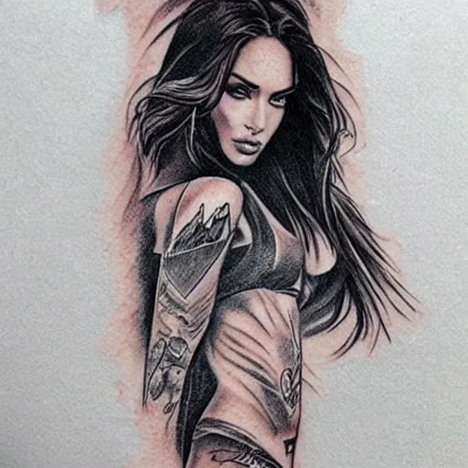 Image similar to double exposure tattoo design sketch of megan fox with beautiful mountain scenery, realism tattoo, in the style of den yakovelev, amazing detail, sharp