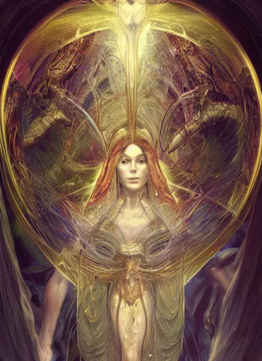 Prompt: album art divine holy dimension spell effect, physically accurate, moody dynamic lighting, very very intricate, very very elegant, highly detailed, digital painting, artstation, HR GIGER, Hieronymus Bosch, Francis Bacon, concept art, smooth, very beautiful, sharp focus, illustration, art by artgerm and greg rutkowski and alphonse mucha