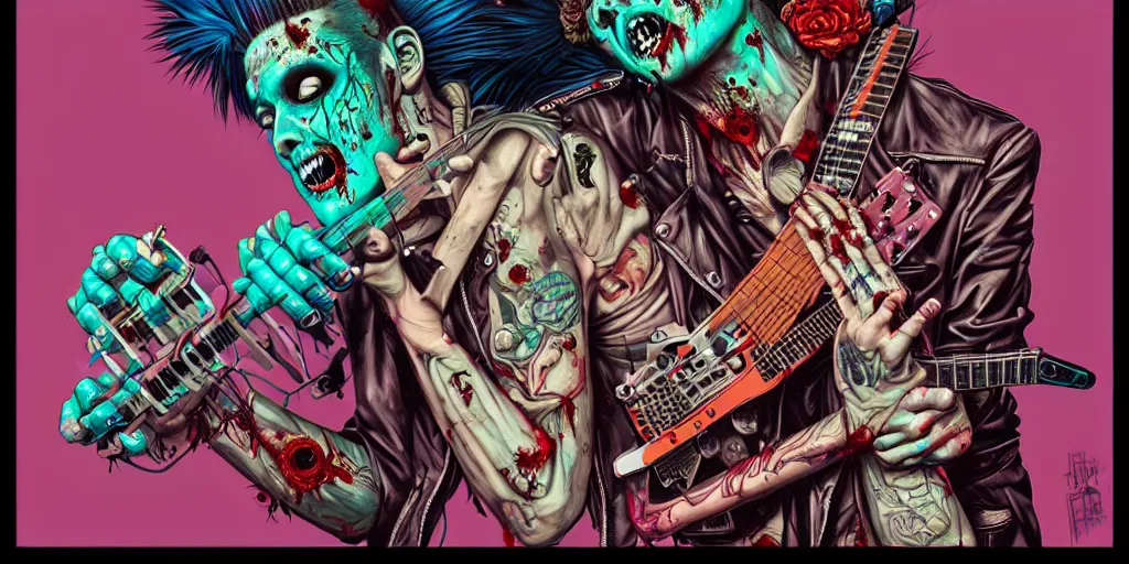 Image similar to a zombie punk rocker with a mohawk playing electric guitar, tristan eaton, victo ngai, artgerm, rhads, ross draws, rule of thirds by francis tneh