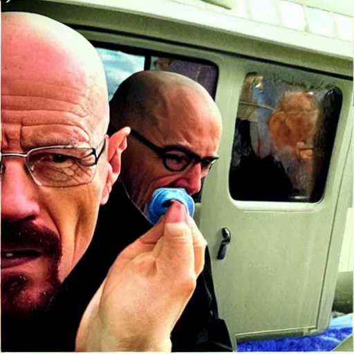 Prompt: “Walter White from breaking bad trying his legendary blue meth while Jessie Pinkman is laughing behind him with pink skin”