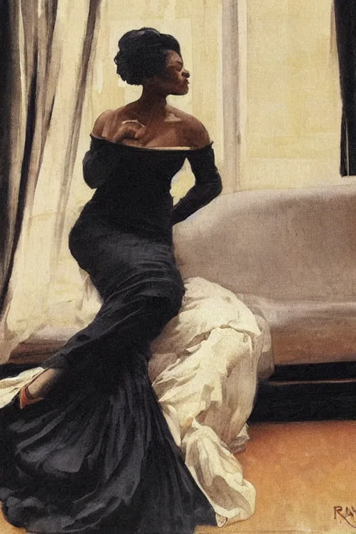 Image similar to black woman in a gown laying on couch, bloom flowers, modern, eclectic, illustration, by ramon casas