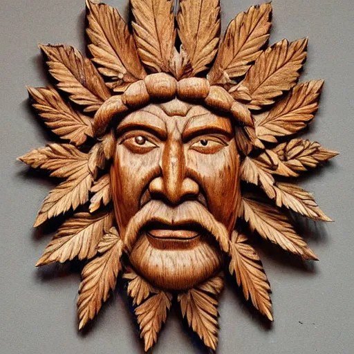 Image similar to deeply carved and stained, highly detailed wood carving depicting the face of the green man, as if made of cannabis fan leaves, resting in a bed of real cannabis leaves