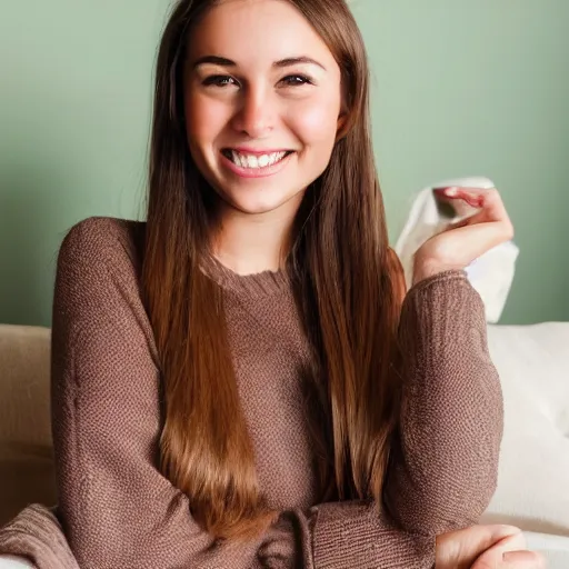 Prompt: Photo of a cute young woman smiling, long shiny bronze brown hair, full round face, green eyes, medium skin tone, light cute freckles, smiling softly, wearing casual clothing, relaxing on a modern couch, interior lighting, cozy living room background, medium shot, mid-shot, soft focus, professional photography, Portra 400