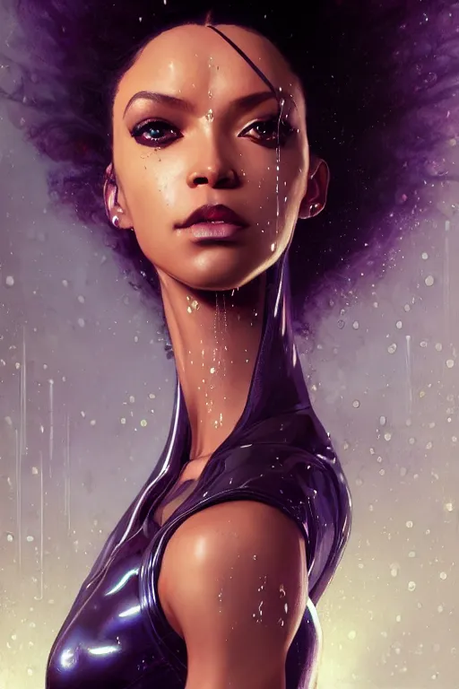 Image similar to cyberpunk normani as aeon flux profile picture by greg rutkowski, dynamic pose, intricate, futuristic, fantasy, elegant, by stanley artgerm lau, greg rutkowski, thomas kindkade, alphonse mucha, loish, norman rockwell, metal chrome, shiny, rainy background, asymmetric, long afro hair,