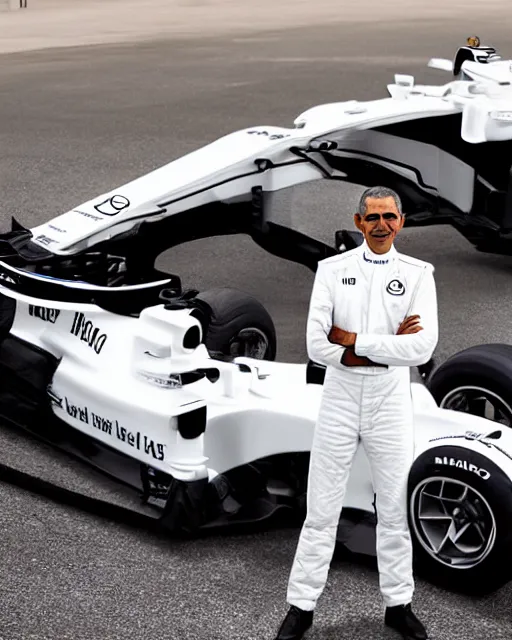 Prompt: a portrait of barack obama as a mercedes f 1 driver in a white overall with the face of barack obama, outdoor, professional portrait photography, ambient light