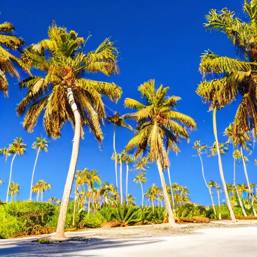 Image similar to corkscrew palm trees clear blue sky, flying