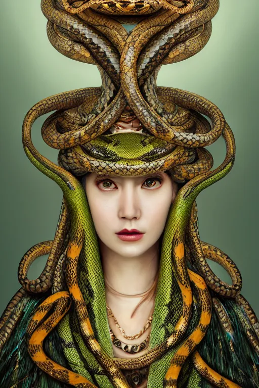 Image similar to a beautiful empress portrait, with a brilliant, impossible striking big Snake headpiece, clothes made of snakes, everything snakes, boa, symmetrical, dramatic studio lighting, rococo, baroque, greens, asian, hyperrealism, closeup, D&D, fantasy, intricate, elegant, highly detailed, digital painting, artstation, octane render, 8k, concept art, matte, sharp focus, illustration, art by Artgerm and Greg Rutkowski and Alphonse Mucha