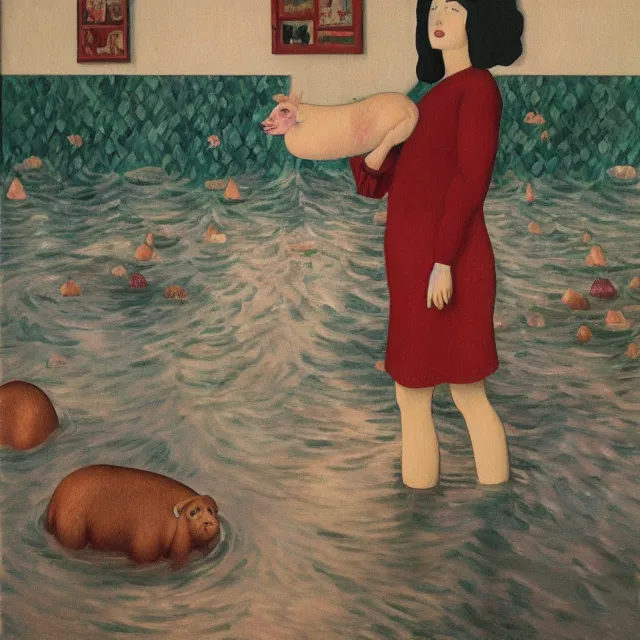 Image similar to tall female emo artist holding a pig in her flooded bathroom, mushrooms, octopus, water gushing from ceiling, painting of flood waters inside an artist's bathroom, a river flooding indoors, pomegranates, pigs, ikebana, zen, river, rapids, waterfall, black swans, canoe, berries, acrylic on canvas, surrealist, by magritte and monet