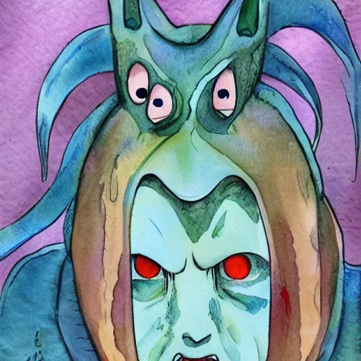 Prompt: whimsical silly watercolor painting of a terrifying demon, in the style of studio ghibli