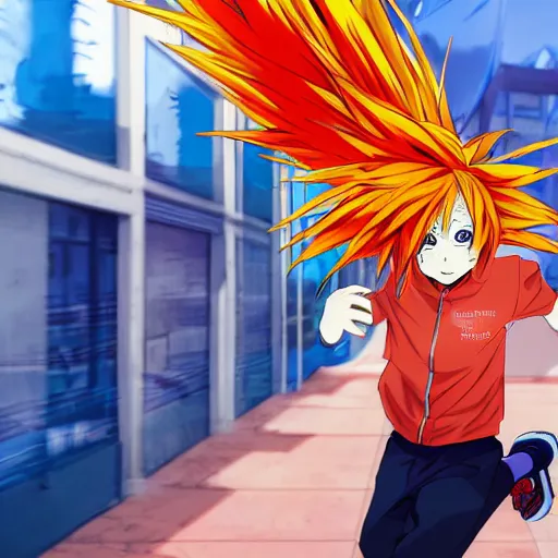 Prompt: orange - haired anime boy, 1 7 - year - old anime boy with wild spiky hair, wearing blue jacket, running past colorful building, red - yellow - blue colored building, turquoise aquamarine windows, strong lighting, strong shadows, vivid hues, ultra - realistic, sharp details, subsurface scattering, intricate details, hd anime, 2 0 1 9 anime