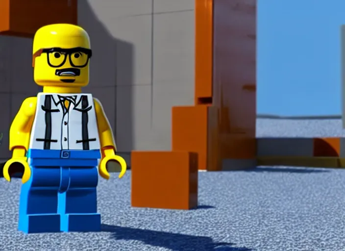 Prompt: film still of walter white as a lego in the new lego movie, 4 k