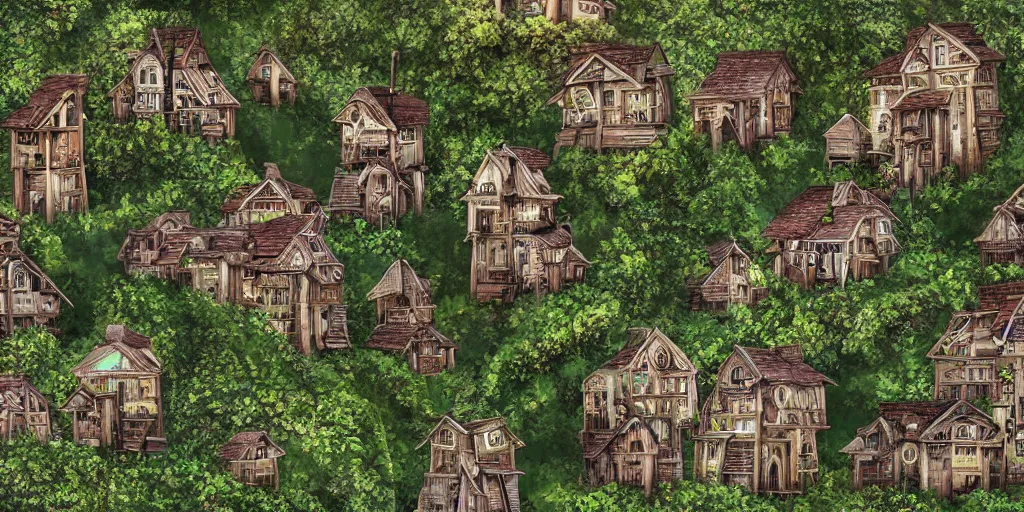 Image similar to long and tall fractal houses, village, jungle, artstation, digital art