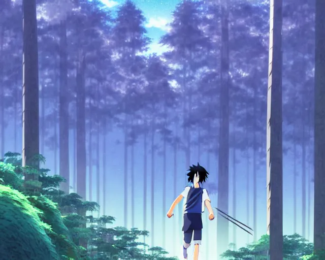 Image similar to sasuke uchiha, forest in background, bokeh. anime masterpiece by Studio Ghibli. illustration, sharp high-quality anime illustration in style of Ghibli, Ilya Kuvshinov, Artgerm