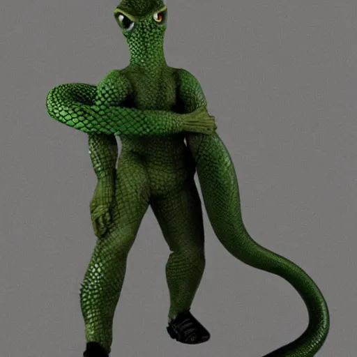Image similar to long green serpent reptile combined with Solid Snake