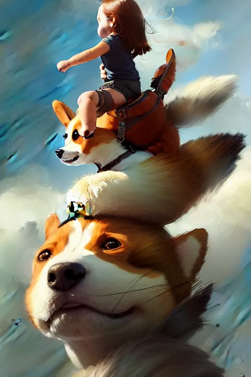 Prompt: tiny girl riding on the back of a giant corgi by greg rutkowski