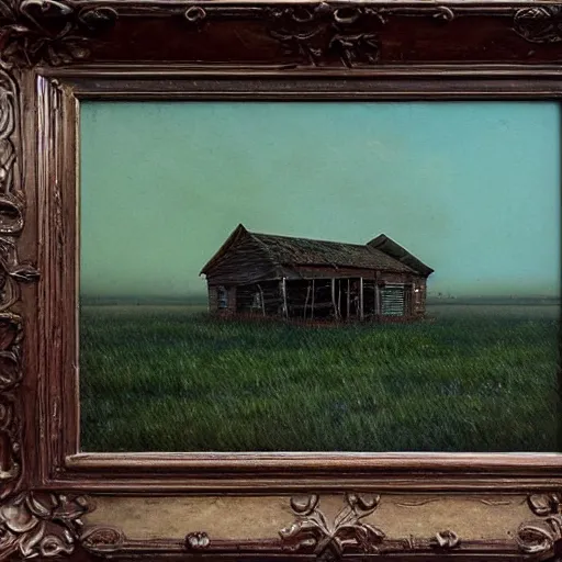 Image similar to an abandoned old rusty American house on a field oil painting in style of Zdislaw Beksinski