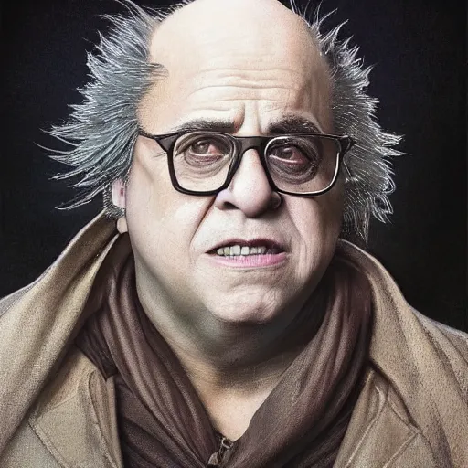 Prompt: Portrait of Danny DeVito, cloak, male, fantasy, extremely detailed, digital painting, artstation, concept art, smooth, sharp focus, illustration, stunning lighting, art by artgerm and greg rutkowski and alphonse mucha and simon stalenhag, realistic character concept, high fantasy, dark atmosphere, golden ratio, cinematic lighting, hyperdetailed, high resolution, insanely detailed and intricate, artstation, Marc Simonetti, Greg Rutkowski, 8k