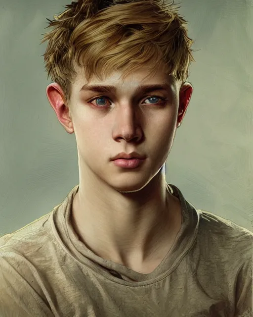 Image similar to portrait of 1 5 - year - old boy with blonde hair, round - face, with long toothed,, hyper realistic face, beautiful eyes, close up, fantasy art, in the style of greg rutkowski, intricate, alphonse mucha, hyper detailed, smooth