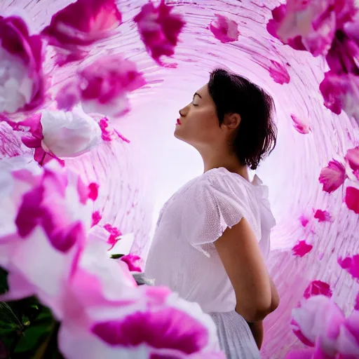 Image similar to a woman dressed in white, standing in a white rose garden, peony petals in the breeze, vivid lighting, professional photography