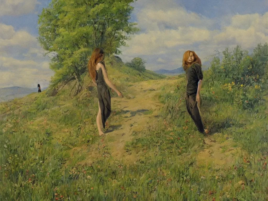 Prompt: figure in a landscape. painting by olga dugina, andrej dugin