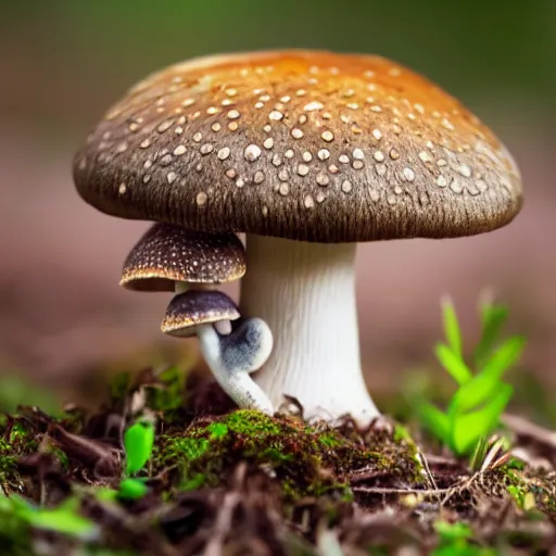 Prompt: macro photo with a mushroom character with cute eyes, natural colors, painted patterns and coloring on mushrooms, 8K, highly detailed