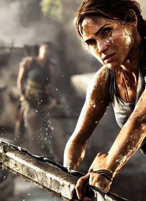 Prompt: a film still of lara croft as blacksmith, her face flushing and sweat, direct sun light, close up potrait, cinematic,