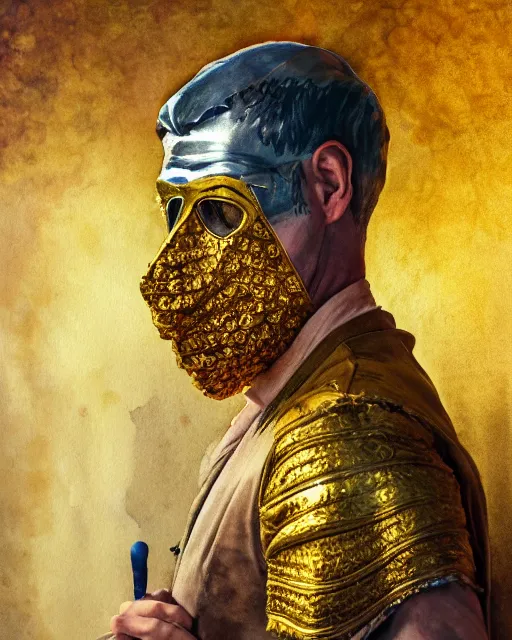 Image similar to watercolor painting portrait of man with a golden mask, photorealistic, shaded, cinematic lighting, high production value, intricate details, high resolution, hdr, high definition, masterpiece, realistic, ultrarealistic, highly detailed, hd, sharp focus, non blurry, sharp, smooth