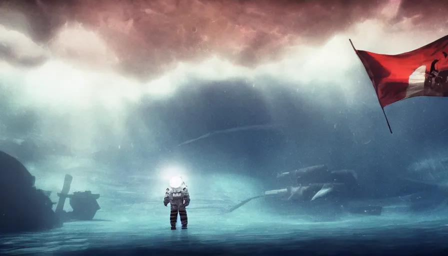 Image similar to astronaut holding a flag in an underwater desert. a submarine is visible in the distance. dark, concept art, cinematic, dramatic, atmospheric, 8 k, trending on artstation, blue, fish, low visibility, fog, ocean floor, christopher nolan, interstellar