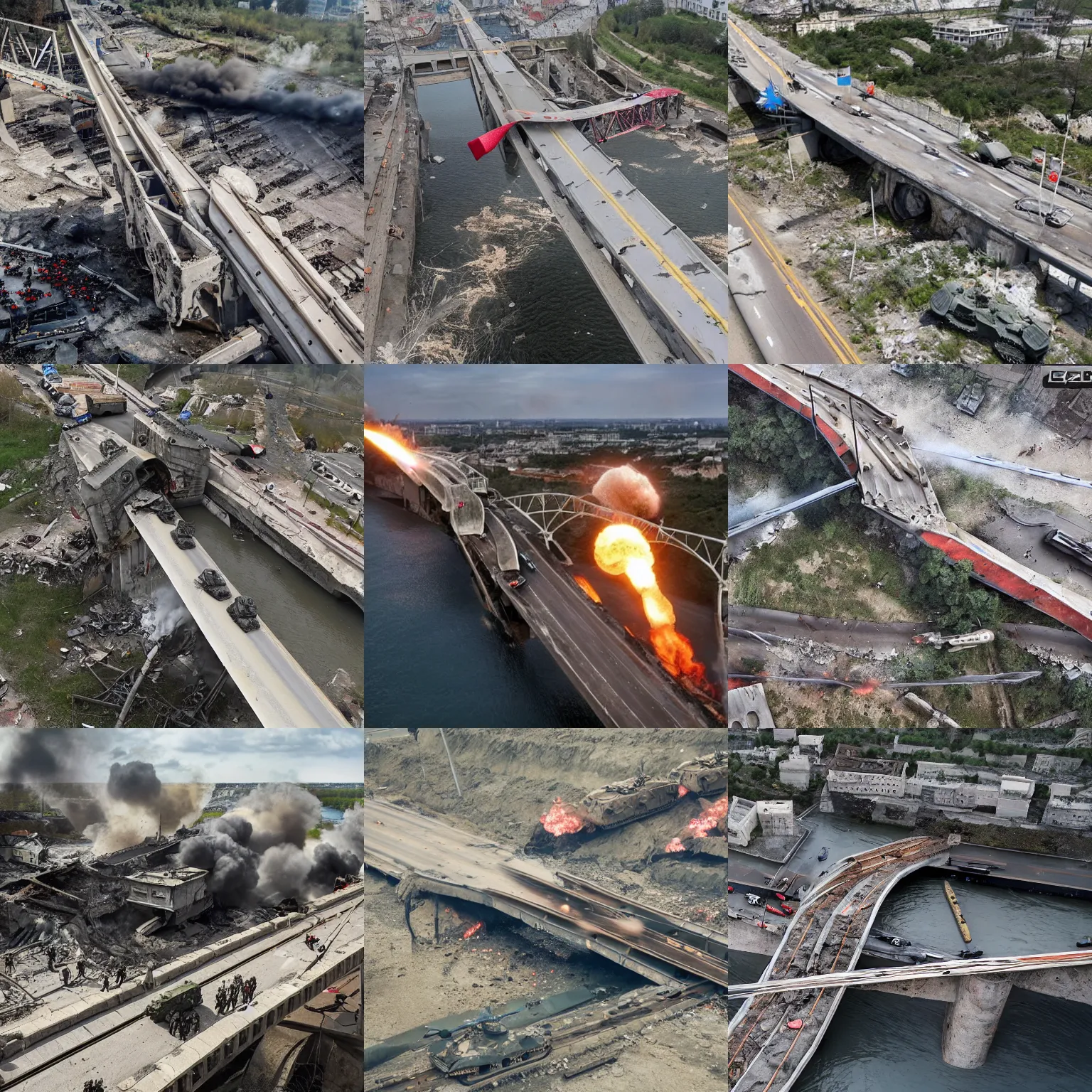Prompt: war in ukraine, 2 0 2 2, artillery strike in crimea bridge, bridge collapsing, wide angle shot, aerial photograph, hyper realistic, structural failure, catastrophic, explosion, cars flying, tanks, infantry, gruesome, horror