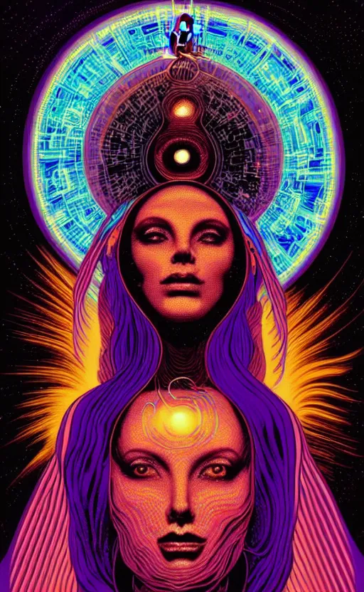 Image similar to Portrait of beautiful woman channeling third eye energy, surrounded by a background of dark cyber mystic alchemical transmutation heavenless realm, cover artwork by philippe caza, midnight hour, part by francis bacon, part by jeffrey smith, part by josan gonzales, part by dan mumford, part by norman rockwell, part by phil hale, part by kim dorland, rich deep color scheme, artstation, matte gouache illustration, highly detailed,