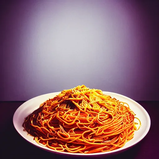 Prompt: portrait shot of a humanoid bowl of spaghetti, intricate details and dramatic lighting