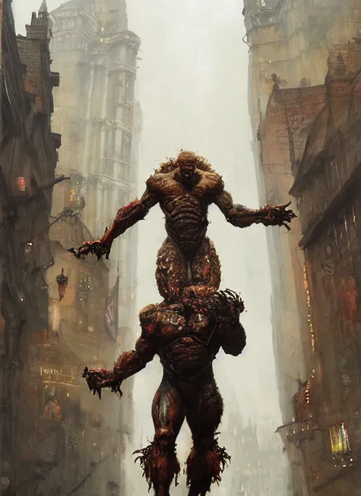 Image similar to full body portrait of martyn ford as huge towering bipedal horror beast with bulbous torso flaming hair wearing armour walks down city street, people flee, painted by ruan jia, raymond swanland, lawrence alma tadema, zdzislaw beksinski, norman rockwell, jack kirby, tom lovell, alex malveda, greg staples