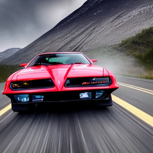 Image similar to black pontiac firebird trans - am driving towards the camera, zerglings running towards the car, norway mountains, valley, lake, dynamic, cinematic, motionblur, volumetric lighting, wide shot, low angle, red glow in sky, large lightning storm