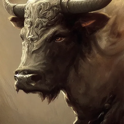 Image similar to ''face portrait of a handsome bull, furry, greek mythology, greece, fantasy, dungeons and dragons, d & d, digital painting, artstation, concept art, sharp focus, illustration, art by greg rutkowski and alphonse mucha''