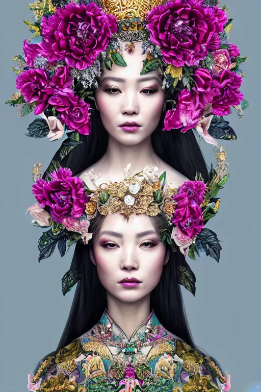 Image similar to a beautiful empress portrait, with a brilliant, impossible striking big flower headpiece, clothes entirely made out of flowers, symmetrical, dramatic studio lighting, rococo, baroque, jewels, asian, hyperrealism, closeup, D&D, fantasy, intricate, elegant, highly detailed, digital painting, artstation, octane render, 8k, concept art, matte, sharp focus, illustration, art by Artgerm and Greg Rutkowski and Alphonse Mucha