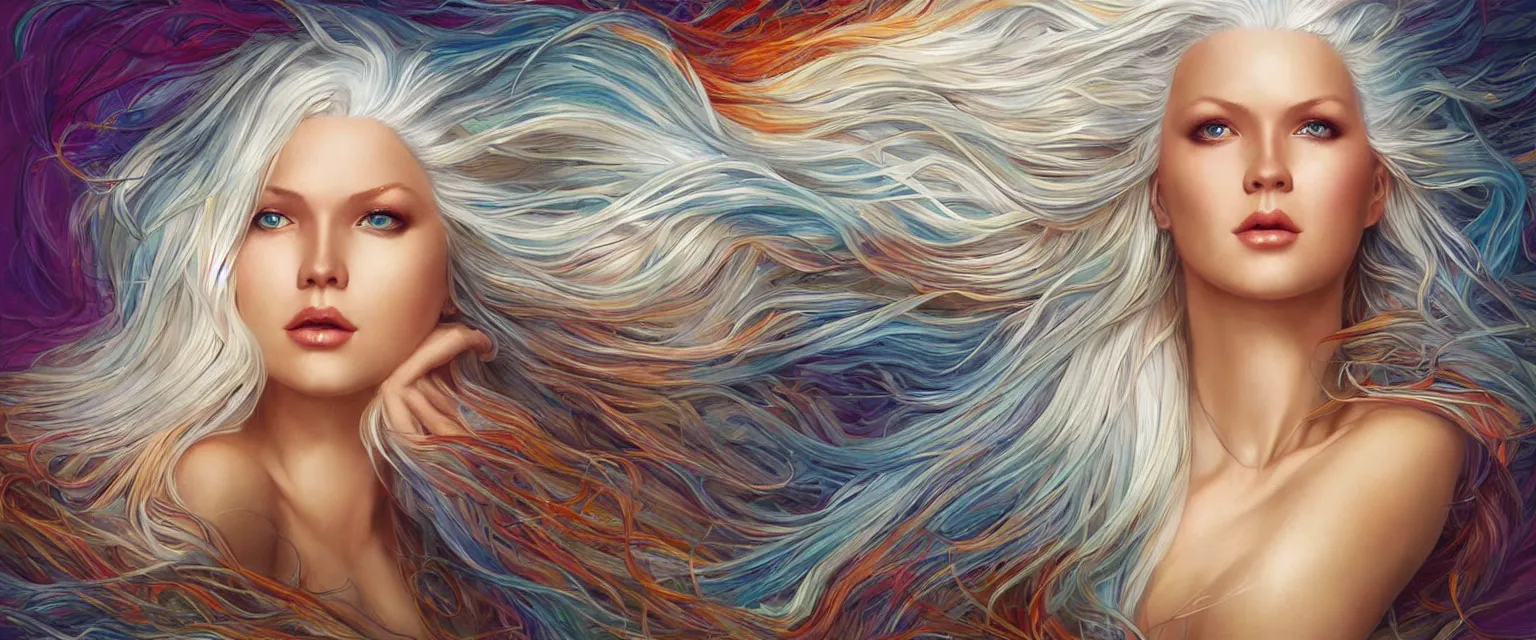 Prompt: a highly detailed symmetrical full body painting of a rainbow colored skinned beautiful woman with pure white hair flowing in dynamic lighting, ambient lighting, deviantart, art by artgerm and karol bak and mark brooks h